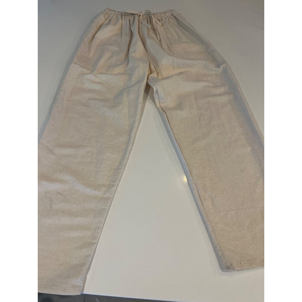 Elastic Waist Beige Linen Pants With Drawstring & Pockets  100% Linen  L